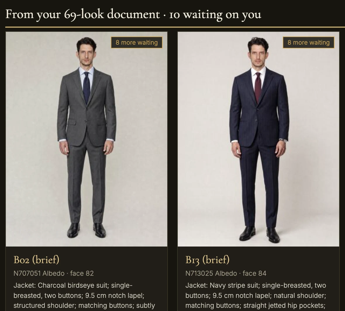 Enzo's AI studio: a suit written as a brief, its photo, 8 more photos waiting and a face score