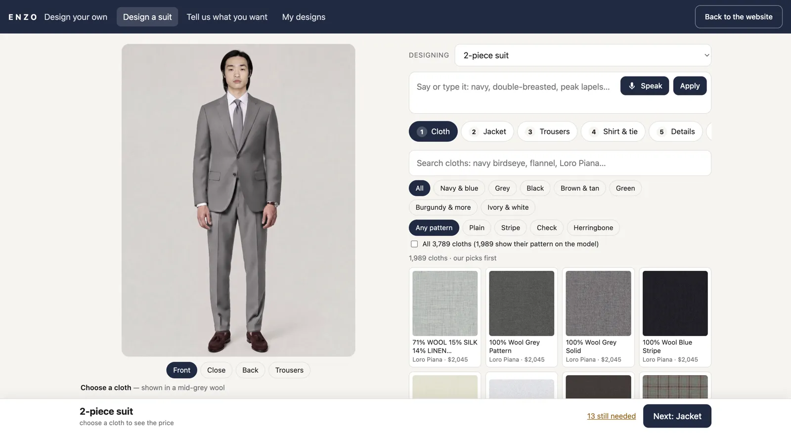 Enzo Custom website where a client designs a suit on a model